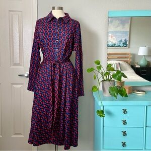 Boden Blue Long Sleeve Collared Shirt Dress Sz 20-22 Red Blue Floral Tencel
